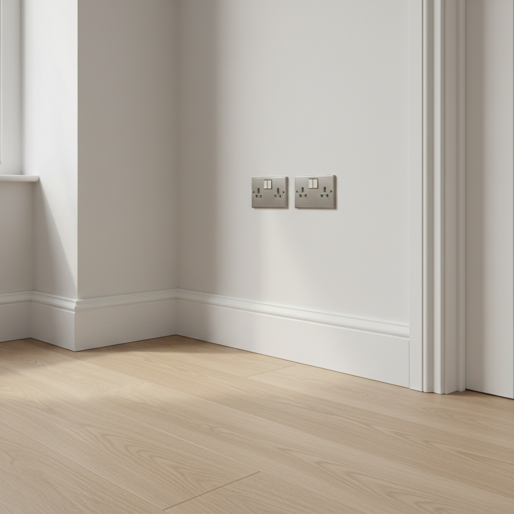A clean, modern home office corner within a refurbished Suffolk property, illustrating attention to detail in interior decorating and repairs. Smooth, freshly painted off-white walls meet perfectly aligned skirting and door frames, with no visible gaps or imperfections. A newly installed double electrical socket and data outlet sit flush and level on the wall above a pristine oak-effect floor, whose subtle grain catches the light. Diffused natural daylight from an unseen window creates a calm, even glow with soft shadows under the skirting. Photographic realism, shot from a low, close perspective that emphasizes the junctions between wall, floor and woodwork. The mood is composed, orderly and contemporary, underscoring precise finishing work typical of professional property solutions in Norfolk and Suffolk.