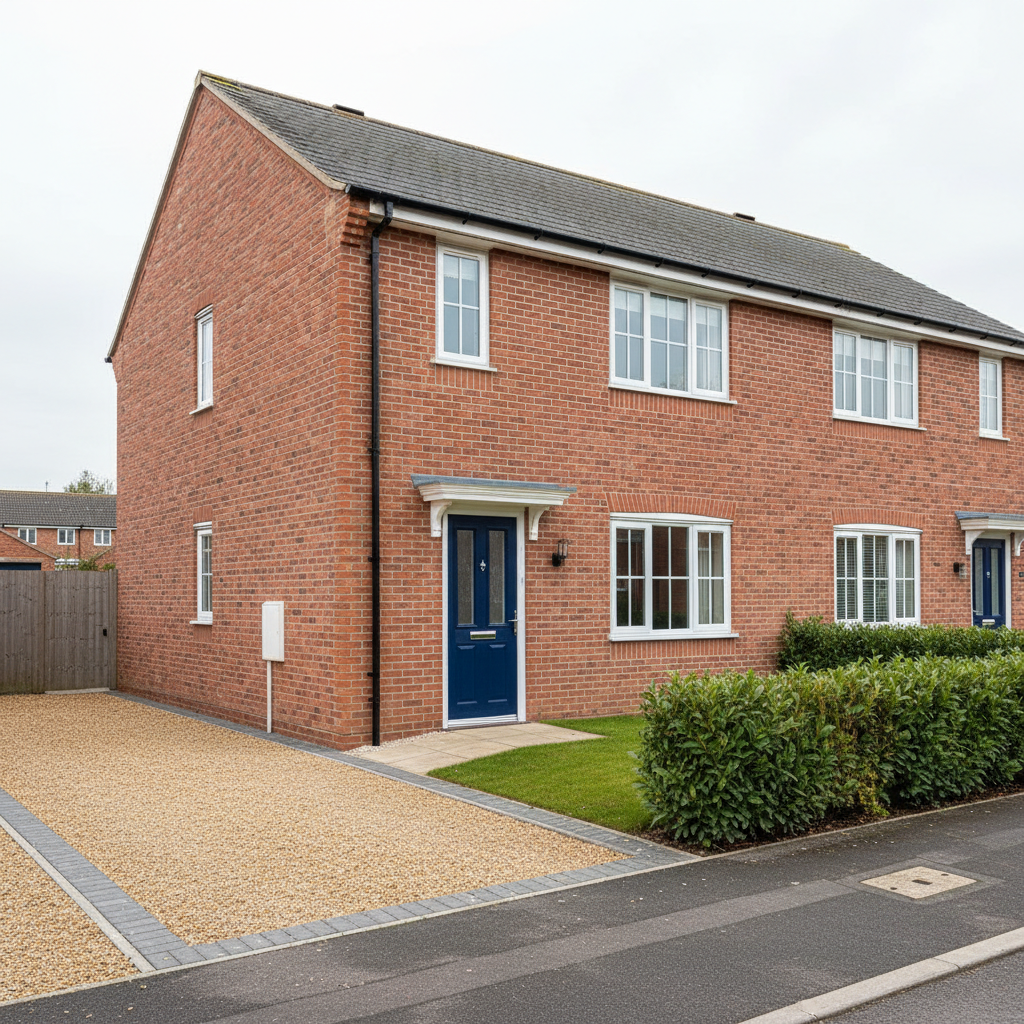 A freshly renovated semi-detached brick home in a quiet Norfolk village street, its red brickwork clean and repointed, white uPVC windows gleaming and a neatly painted front door in deep navy blue. The driveway is newly pressure-washed, with crisp edges between gravel and paving, and a well-trimmed hedge framing the boundary. Soft late-morning natural light from an overcast sky creates even, flattering illumination with gentle shadows under sills and eaves. Photographic realism, captured at eye level with a slight three-quarter angle to show both front and side elevations. The mood is professional, tidy and reassuring, illustrating comprehensive property services and care across Norfolk and Suffolk, with sharp focus and a clean, modern aesthetic.