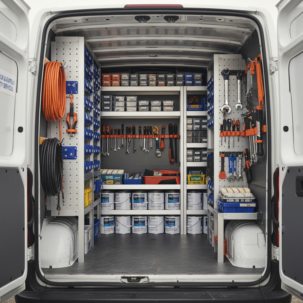 A well-organized property maintenance van interior, photographed from the open rear doors, showing neatly arranged tools and materials used for repairs, refurbishments and decorating work across Norfolk and Suffolk. Shelving units hold labelled storage boxes, rows of clean paint cans, neatly stacked rollers and trays, and carefully coiled extension leads. A section of the van wall features systematically hung hand tools, all aligned. Soft, indirect daylight enters from the open doors, illuminating the space evenly with subtle reflections on metal surfaces. Photographic realism, captured from a central, eye-level perspective with sharp focus and moderate depth of field so every item remains clear. The atmosphere is efficient, dependable and professional, representing a well-prepared property services team ready for any job.