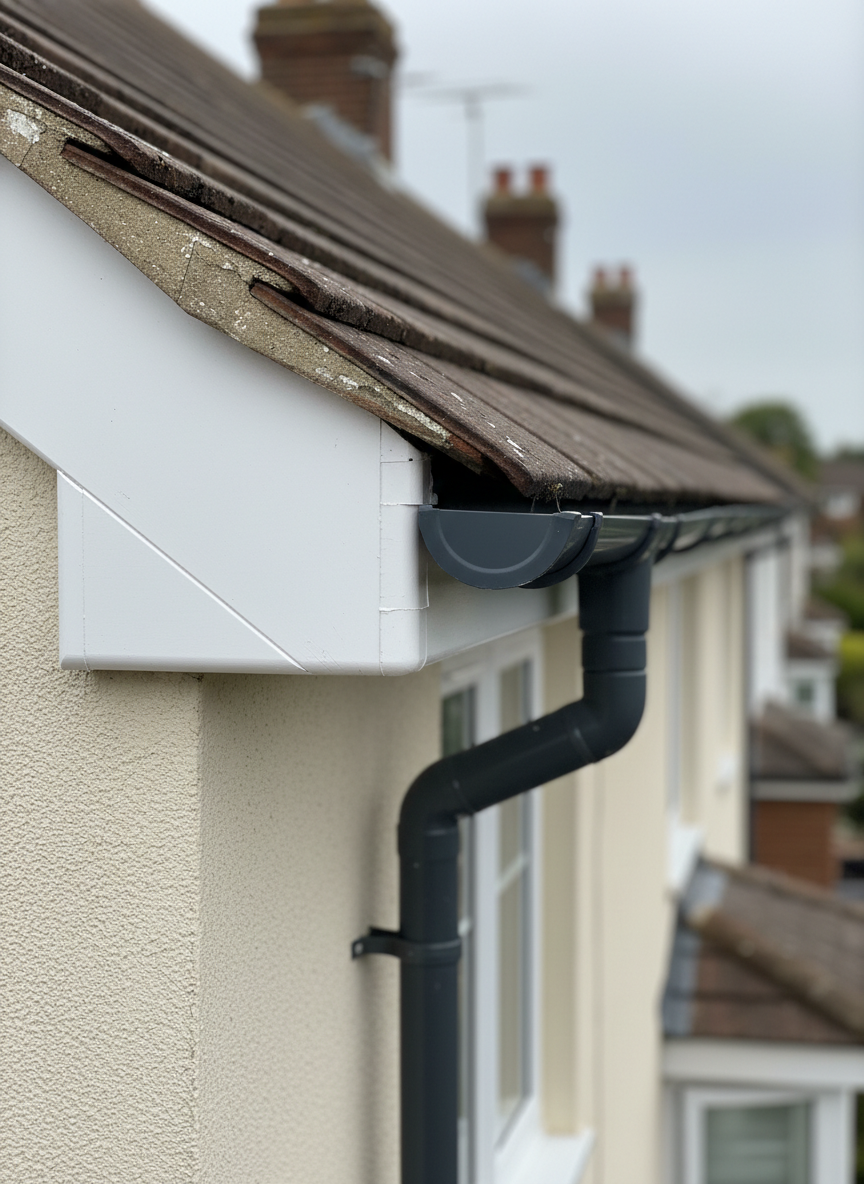 A detailed close-up of a professional property repair in progress on an exterior wall in Suffolk, focusing on a newly fitted section of guttering and fascia against a cream-rendered house. The fascia board is perfectly aligned, bright white, with neatly finished joints, while dark anthracite guttering is securely bracketed along the eaves. The render below shows a freshly patched and smoothed area, still slightly different in tone, ready for painting. Overcast daylight provides soft, shadowless illumination that emphasizes the clean lines and workmanship. Photographic realism, captured from a slightly low angle to show the roofline stretching into the distance, with a shallow depth of field that keeps the repair area crisp and the background subtly blurred. The mood is technical, precise and trustworthy.