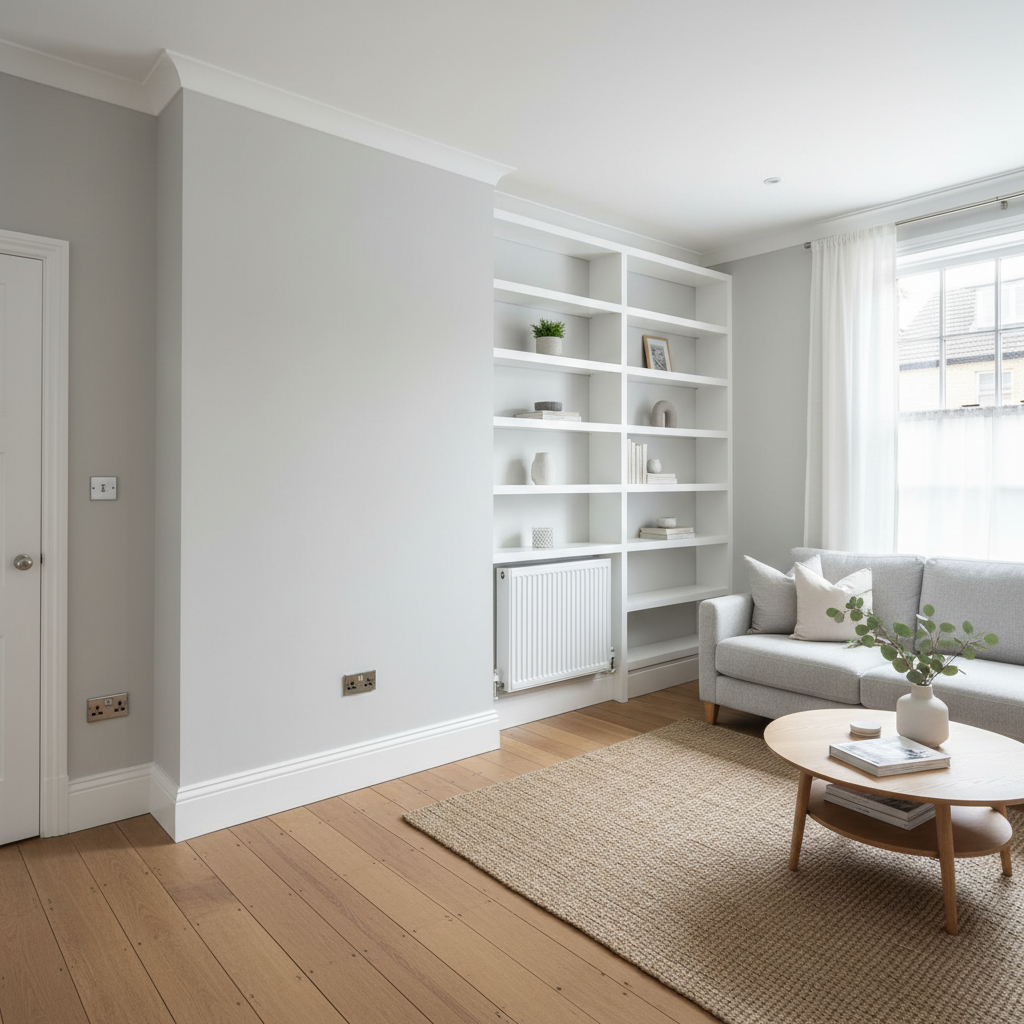 A bright, impeccably tidy living room in a Norwich townhouse, showing the results of professional maintenance and decorating. Smooth, freshly painted light grey walls meet crisp white skirting boards; sockets and radiators look newly fitted and immaculate. A restored wooden floor with a satin finish reflects soft midday daylight from a large sash window, where sheer white curtains diffuse the light. Built-in shelving looks perfectly aligned and freshly caulked. Photographic realism, shot from a slightly elevated corner angle to capture the whole room, with sharp focus from foreground to background. The mood is calm, orderly and inviting, conveying high-quality refurbishment and decorating services suited to modern homes in Norfolk and Suffolk, with a clean and contemporary feel.
