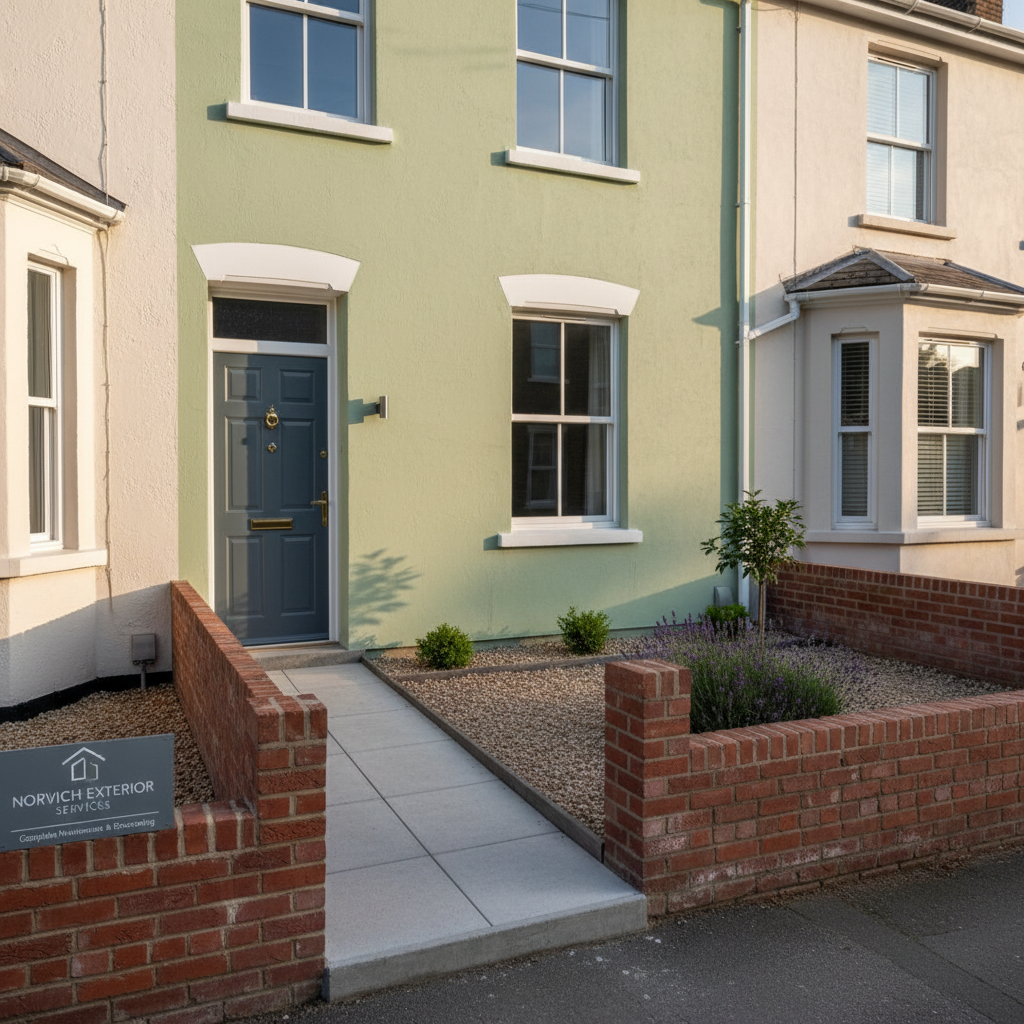 The exterior of a tidy Norwich terraced house front, freshly decorated and maintained, with pale sage green render, bright white window frames and a smart, newly painted front door in charcoal grey. The small front garden features a low, newly repaired brick wall with crisp mortar lines and a neatly edged gravel area. A clean, straight path of concrete slabs leads from the pavement to the step, all surfaces looking recently pressure-washed. Soft late-afternoon light creates gentle, directional shadows along the façade, giving texture to the render. Photographic realism, framed at eye level using the rule of thirds to balance house and garden, with sharp focus throughout. The mood is welcoming, cared-for and professional, reinforcing the idea of complete exterior maintenance and decorating services in Norwich.