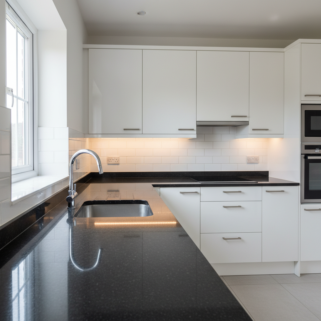A spotless, modern kitchen after a professional deep clean, with glossy white cabinets, brushed steel handles and a dark quartz worktop that gleams under soft natural light. The stainless-steel sink and chrome tap are polished to a mirror shine, with no streaks or water marks. The tiled splashback is uniformly bright, grout lines pristine, and integrated appliances look newly installed. Diffused daylight from a nearby window combines with subtle under-cabinet lighting, creating clean highlights and gentle, controlled shadows. Photographic realism, composed at eye level along the length of the worktop for a sense of depth, with a slight wide-angle to show the full space. The atmosphere is hygienic, professional and reassuring, ideal for illustrating property cleaning and maintenance services.