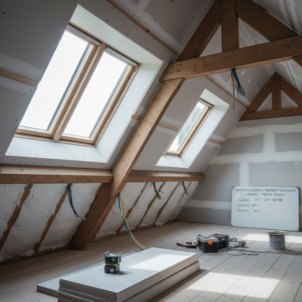 A spacious Norfolk cottage loft mid-refurbishment, showcasing organized, professional property solutions. Exposed roof timbers have been carefully sanded, new insulation is neatly cut between joists, and freshly installed plasterboard lines the sloping ceiling with precise screw patterns. Electrical cables are routed tidily along the rafters, and new double-glazed roof windows flood the space with cool, even daylight, casting soft shadows along the floor. Photographic realism, shot from a low corner angle looking diagonally across the loft to emphasize depth and potential future living space. The atmosphere is optimistic and methodical, highlighting structured refurbishment work in progress across Norfolk and Suffolk, with a clean, modern documentation style that feels transparent and professional.